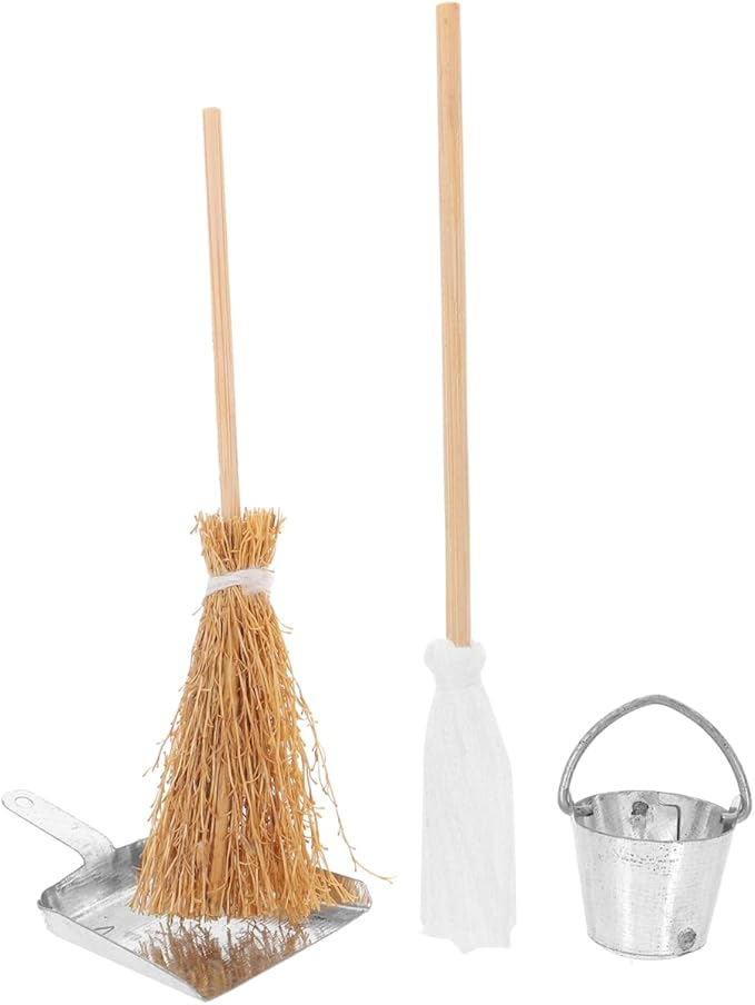 Miniature Dollhouse Cleaning Set Mini Floor Mop Bucket Broom Dustpan Models Housework Tool Decoration Accessories for DIY 1:12 Scale Fairy Garden Micro Landscape