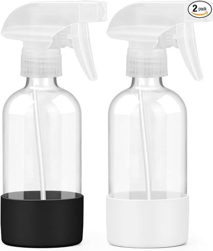 Worldgsb 2 Pack Glass Spray Bottles 8 oz, Empty Refillable Containers with Silicone Sleeve Protection, Glass Spray Bottles for Cleaning Solutions, Hair and Plants with Adjustable Nozzles Black&White