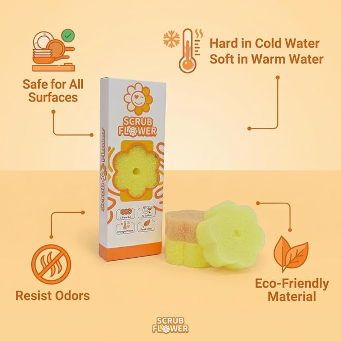 Scrub Flower Temperature Sensitive Sponges -Non-Scratch Scrubbers for Kitchen & Home - Firm in Cold & Soft in Warm Water - Odor Resistant Color-Coded Dish Sponges (Golden Sunflower, 3 Count)