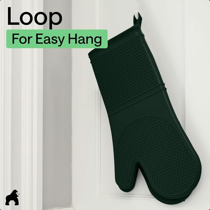 GORILLA GRIP BPA-Free Soft Silicone Oven Mitts, Heat Resistant and Waterproof Cooking Gloves, Thick Cotton Lining, Flexible Gripping for Baking Grilling, Kitchen Potholders Set, 12.5x8.3, Hunter Green