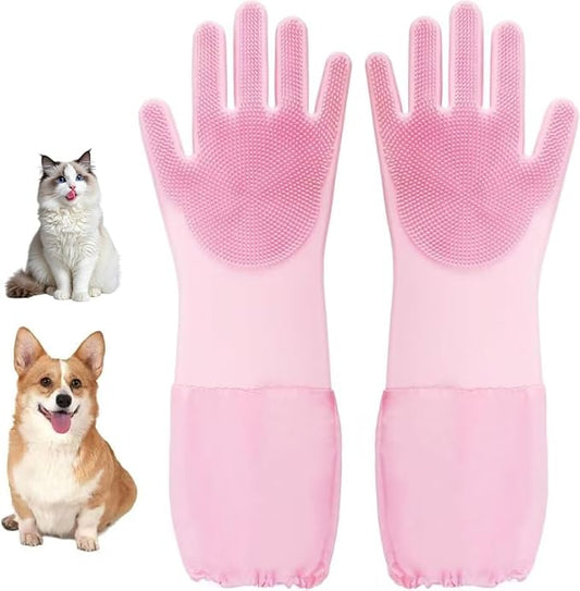 Silicone Pet Bathing Gloves with Finger Toothbrush – 2-in-1 Grooming & Deshedding Gloves for Cats, Dogs, Rabbits – Extended Design for Easy Cleaning & Massage(Pink)