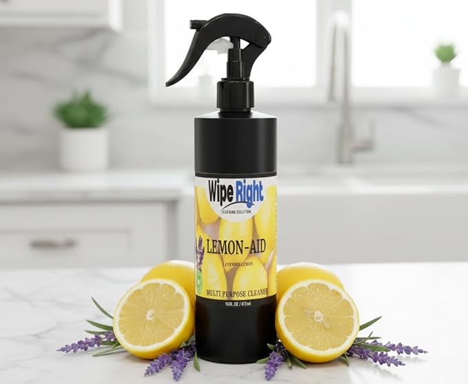 Wipe Right Cleaning Solutions-MultiPurpose Lemon-Aid Cleaner. Plant Based 16 oz. Household Daily Cleaner. Lavender And Lemon Scented. Use in Kitchen, bathroom, countertop,walls,fridge,stove