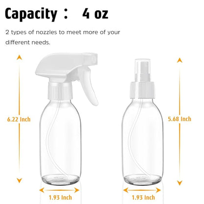 Tecohouse Glass Spray Bottles 4 OZ, Empty Small Spray Bottles 2 Pack for Essential Oils, Cleaning Solutions, Plants, Hair Mister, withDurable Nozzle, Labels, Funnel, Pipettes Clear
