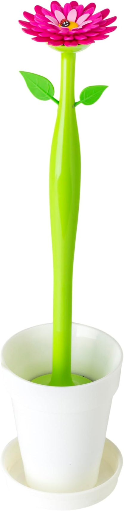 Vigar Flower Power Toilet Brush with Holder Set Toilet Brush with Daisy-shaped Handle, Flowerpot Base with Saucer Durable Bristles for Bathroom, White