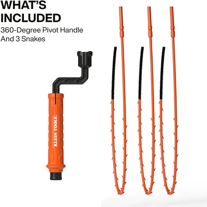 Klein Tools 53020 Drain Snake Auger Hair Clog Removal Tool, 3-Pack, Hair Clog Remover, Quick Release Collar for Hands-Free Disposal, 18-Inch Reach, 360-Degree Pivot Handle
