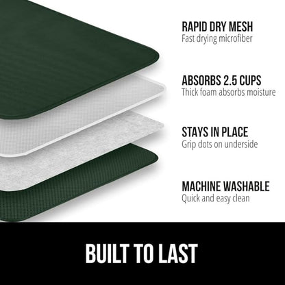 GORILLA GRIP Ultra Water Absorbent Microfiber Dish Drying Mat 2 PK, Quick Dry Thick Mesh, Slip Resistant Pad for Sink Dishes Under Rack, Kitchen Counter Accessories, Machine Wash, 18x16 Hunter Green