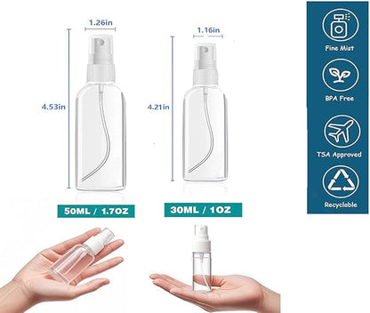 Small Spray Bottle, Clear Empty Mini Travel Plastic Bottle. Premium spray bottles for perfumes and cosmetics. 2 * 1oz, 2 * 1.7oz. (4 Pack)