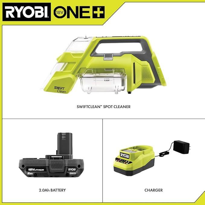 RYOBI ONE+ 18V Cordless SWIFTClean Spot Cleaner Kit with 2.0 Ah Battery and Charger, 7X10
