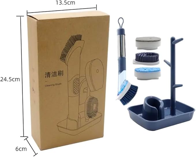 Multifunctional Kitchen Dish Washing Brush Set with Automatic Liquid Filling, Long Handle Scrub Brush with Stand, Blue