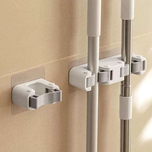 Broom Holder Wall Mount Mop and Command Broom Hanger Organizer Wall Mount Self Adhesive (Double clip)