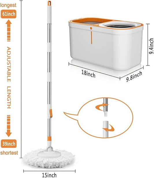 Spin Mop Bucket with Wringer System Extended Mop Handle 61＂Mop and Bucket for Floors Cleaning with 5 Replacement Head Refill 1 Cleaning Brush Head