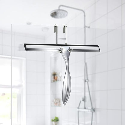 14-Inches Stainless Steel Shower Squeegee Set, Include Shower Door Hook, Adhesive Hook and Spare Silicone Blade, Window Squeegee for Shower Glass Door, Bathroom, Mirror, Window and Car Glass