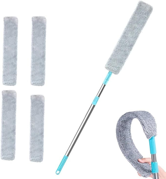 Retractable Gap Duster with 60" Extension Pole, Flexible Microfiber Brush for Under Appliances, Furniture & Tight Spaces, Washable Flat Duster for Fridge Stove Couch Crevices (4 Replacement Fabric)