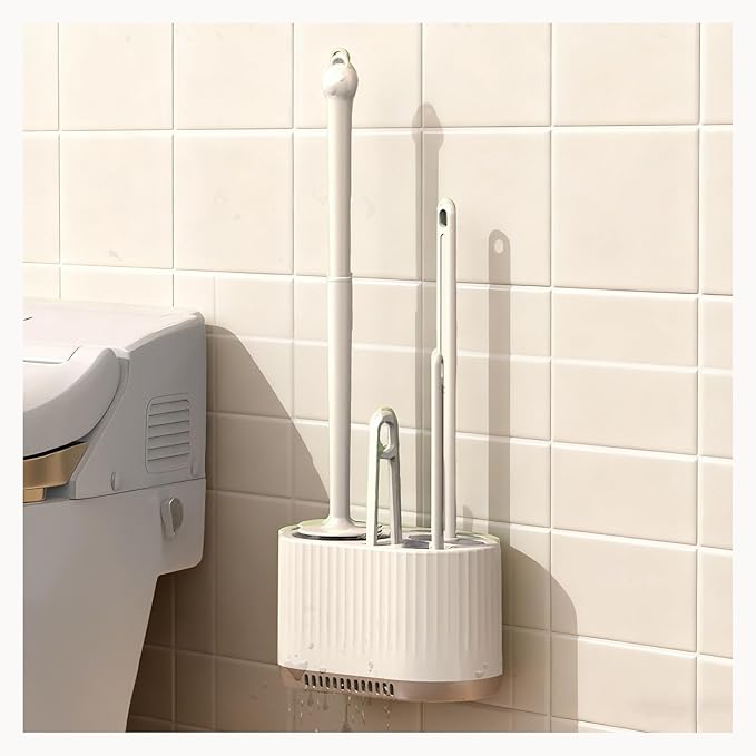 4 in 1 Toilet Cleaner Brush Toilet Bowl Brush and Holder Set Silicone Toilet Brush，Stuff Floor Standing or Wall Mounted Toilet Scrubber Without Drilling (White)