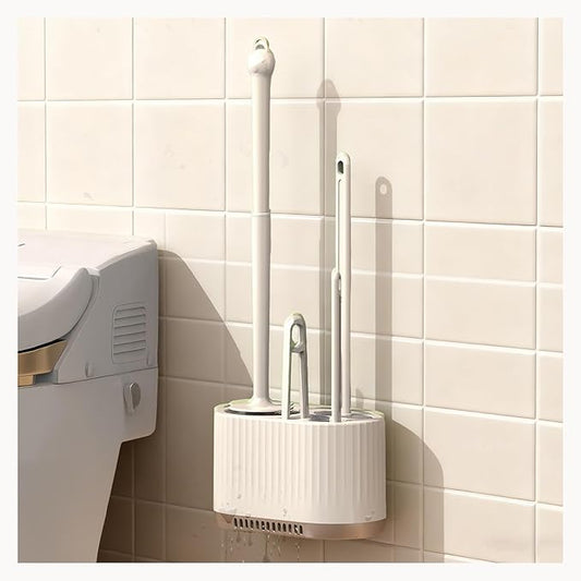 4 in 1 Toilet Cleaner Brush Toilet Bowl Brush and Holder Set Silicone Toilet Brush，Stuff Floor Standing or Wall Mounted Toilet Scrubber Without Drilling (White)