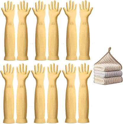 6 - Pair 17.8 - Inch Elbow - Length Reusable Rubber Waterproof Household Cleaning and Kitchen Dishwashing Gloves - Medium Size