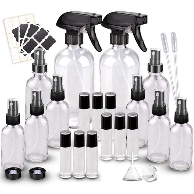 Loretoy Glass Spray Bottle Kit×10 (2×16 oz, 2×4 oz, 6×2 oz), 9×10 ml Roller Bottles, Anti UV, Multi Size and Versatile, Suitable for Aromatherapy, Facial Moisturizing, Watering, etc.(Clear)