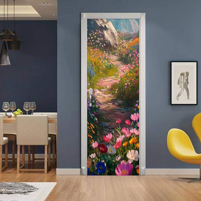 REDAMANCY Pink Blue Orange Wildflower Pathway Peel and Stick Door Stickers Vinyl 3D Door Mural Decals Decor Wallpaper Self-Adhesive, Waterproof, Removable