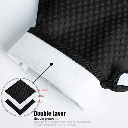 Kitchen Oven Gloves - Dual-Layer Heat Resistant Grilling Gloves, Silicone Oven Mitts with 5 Fingers, Waterproof Non-Slip Pot Holder for Barbecue, Cooking, Baking (Small, Black)