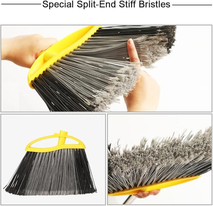 Broom and Dustpan Set, Outdoor Heavy Duty Broom with Stainless Steel Dustpan,Stiff Bristles Broom and Metal Dust Pan for Home