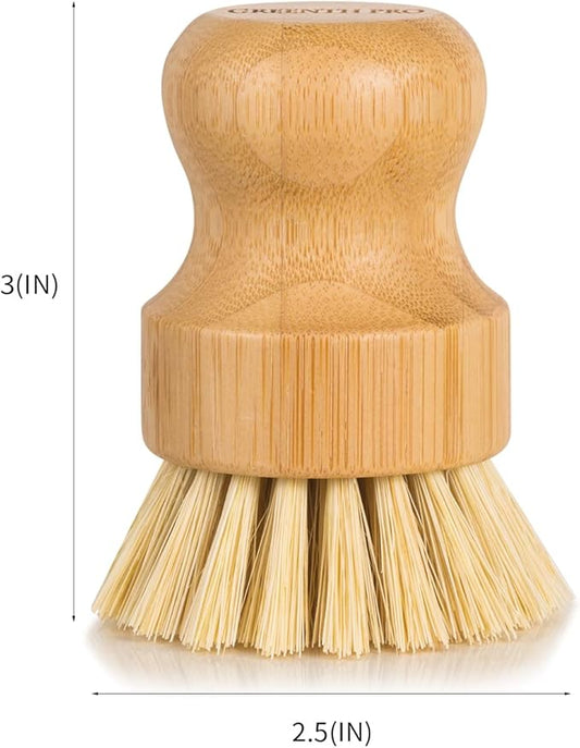 Bamboo Dish Brush-2 Pack Nature Sisal Scrubber Brush with Ceramics Holder-Wooden Brush for Pot,Dish and Vegetables