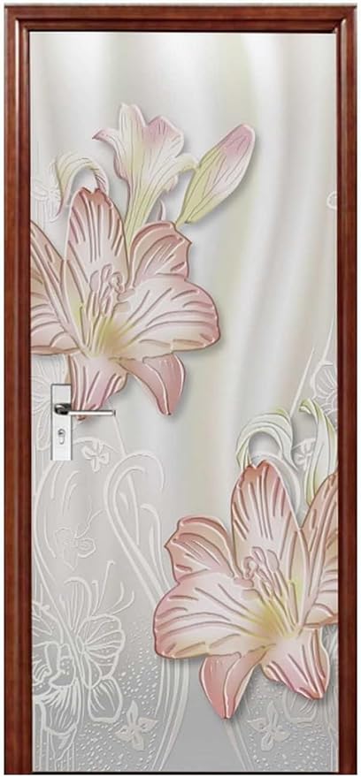 A.Monamour 3D Door Stickers for Interior Doors Lilies Floral Background Vinyl Waterproof Self Adhesive Door Mural Decals for Bedroom Office Bathroom 85x200cm