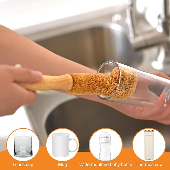 1Pcs Long Handle Scrubber with Bamboo Handle and Coconut Fibers Bristles Cleanning Brush for Glass Bottle Cup Winebottle Kitchen Home