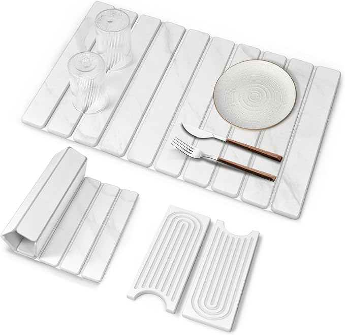 3 PCS Large Stone Dish Drying Mat for Kitchen Counter, 24"×16" Marble Absorbent Dish Drying Mat with 24"x 4" Faucet Mat for Kitchen Sink, Earth Mats for Dishes Bottles Cups, Match Any Countertop