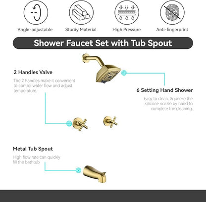 2 Handle Shower Faucet Set with Tub Spout 6-Spray Shower Head and Handle Set Shower Trim Kit with Rough-in Valve Bathroom Shower Faucet Valve Trim Kit Brushed Gold