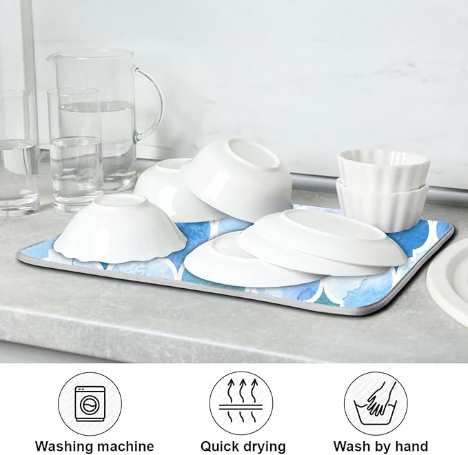 Super Absorbent Dish Drying Mat, Microfiber Fast-Drying Dish Mat, 24" x 18", Kitchen Dish Drying Pad, Watercolour Moroccan Background