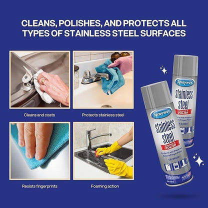 Sprayway Stainless Steel Cleaner Bundle – (2) 15 Oz Stainless Steel Cleaner Polish Cans + EliteWare Premium Microfiber Cloth – Streak-Free Shine for Appliances, Refrigerators & More
