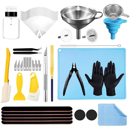 46PCS 3D Printer Accessories, Resin 3D Printer Post-Processing Tool Set with Silicone Mat, Gloves, Resin Funnels, Cleaning and Removal Tool for SLA/DLP Printing