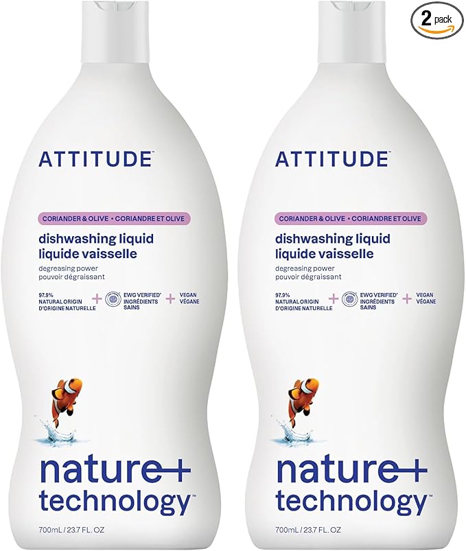 Attitude Dish Soap, Plant-based, Hypoallergenic, Eco-friendly, Coriander & Olive, 23.7 Fl Oz (Pack of 2)