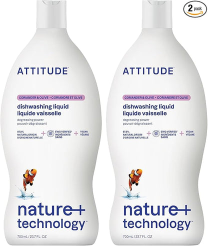 Attitude Dish Soap, Plant-based, Hypoallergenic, Eco-friendly, Coriander & Olive, 23.7 Fl Oz (Pack of 2)