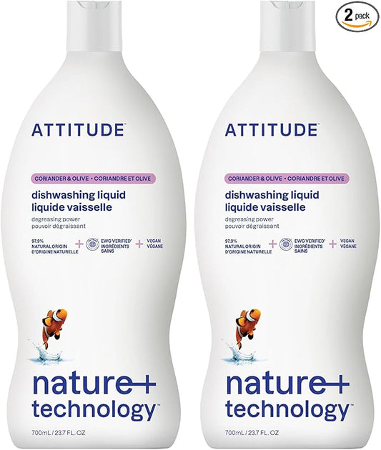 Attitude Dish Soap, Plant-based, Hypoallergenic, Eco-friendly, Coriander & Olive, 23.7 Fl Oz (Pack of 2)