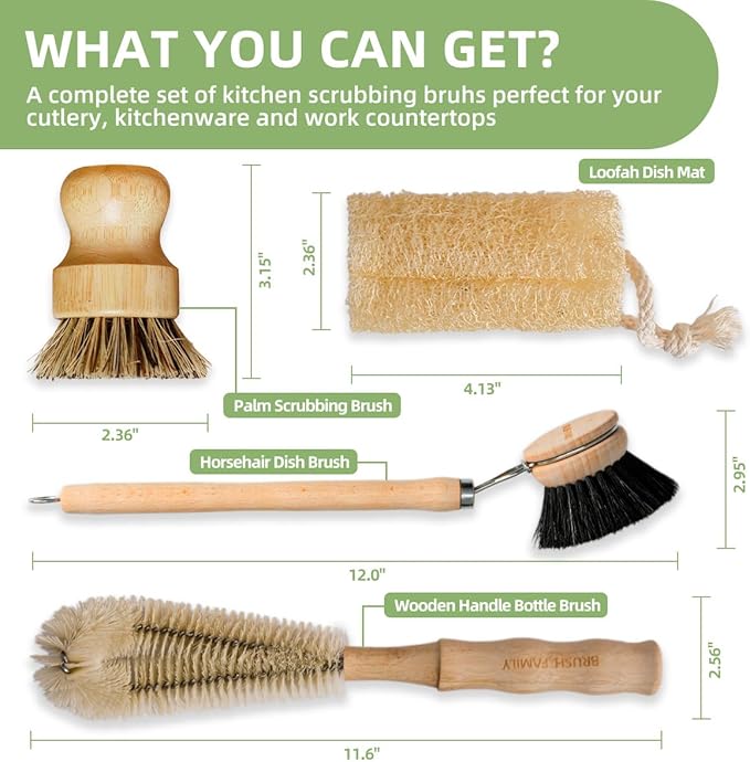 5-Pieces Bamboo Dish Brush Set with Palm Brush, Wooden Handle Dish Scrub Brush, Bottle Scrubber, 2 Loofah Sponge for Dishes, Pans, Bottles, Pots, Vegetables