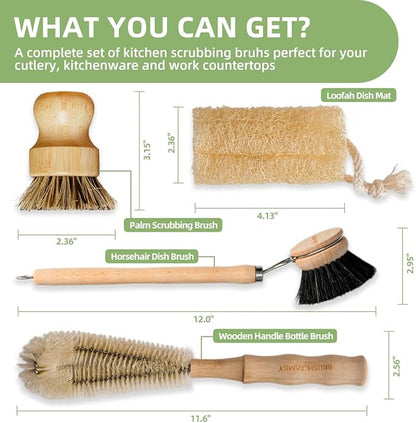 5-Pieces Bamboo Dish Brush Set with Palm Brush, Wooden Handle Dish Scrub Brush, Bottle Scrubber, 2 Loofah Sponge for Dishes, Pans, Bottles, Pots, Vegetables