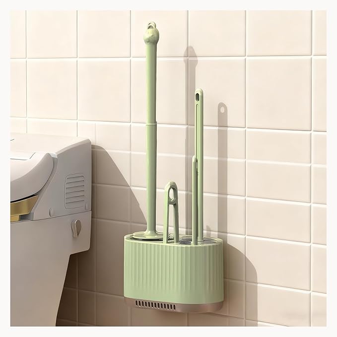 4 in 1 Toilet Cleaner Brush Toilet Bowl Brush and Holder Set Silicone Toilet Brush，Stuff Floor Standing or Wall Mounted Toilet Scrubber Without Drilling (Light Green)