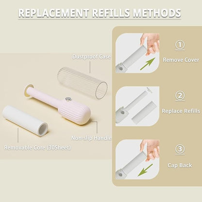 Compact Lint Roller with 150 Sheets - Portable Pet Hair Remover for Clothes, Furniture, and Travel Essentials Household Use, 1 Handle+5 Roller Refills (Pink)