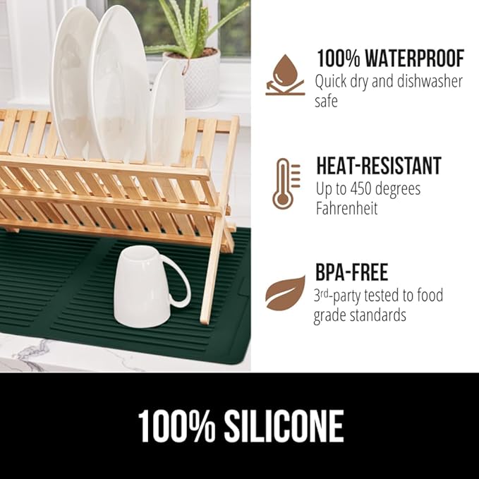 GORILLA GRIP 100% BPA-Free Silicone Dish Drying Mat for Kitchen Counter, 18x24, Quick Dry, Water Catching Ribbed Design, Easy Clean Waterproof Sink Liner, Heat Resistant, Fits Under Rack, Hunter Green