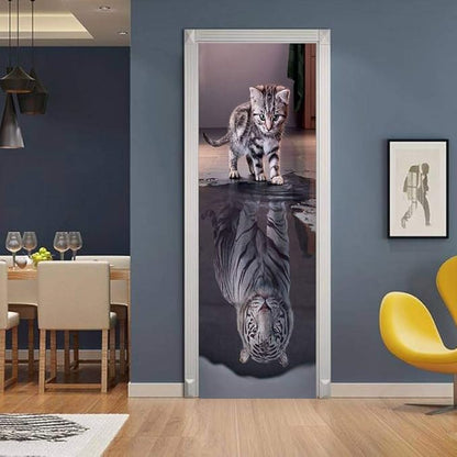 3D Door Wallpaper Self-Adhesive Sticker - Cat Become Tiger Film Poster Premium PVC Waterproof Wall for Bedroom Living Room Decoration 86 x 200 cm