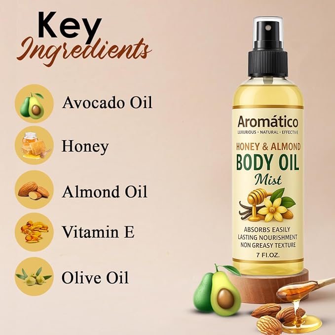 Aromatico Honey & Almond Body Oil Mist for Women – 7 fl oz | Lightweight, Non-Sticky, Spray-on formula for Daily use After Shower | Moisturized, Soft, Glowing Skin | Cozy Honey & Almond Scent