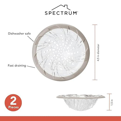 Spectrum Kitchen Sink Drain Strainer Pack of 2 for Food Debris Waste, Plastic Spiral Sink Drain Stopper Cover Catcher Filter Food Hair Prevents Clogging in Sinks Shower Bath 4.5 Inch Warm Gray/Clear