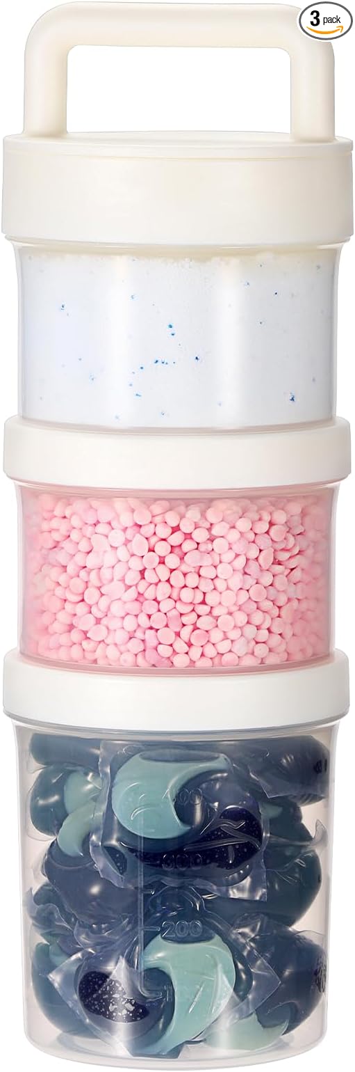Portable Laundry Detergent Dispenser with Handle, Stackable Laundry Storage Containers for Apartments and Dorms, Small Plastic Detergents Organizer for Scent Booster Pods Tablets Powder-3 Tier