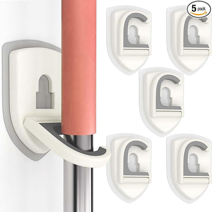 Broom Holder Wall Mount Self Adhesive, Broom and Mop Organizer Wall Hanging, No Drilling Anti-Slip Broom Hook Over Door for Home, Kitchen, Garden, Garage Storage 5-Pack