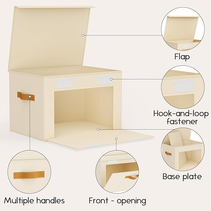 Large Storage Bins with Lids - Front Opening Fabric Storage Bins, Flap Closet Organizer with Handles, Collapsible Boxes with Lid, Decorative Basket for Home, Dorm, 4 Pack, Beige