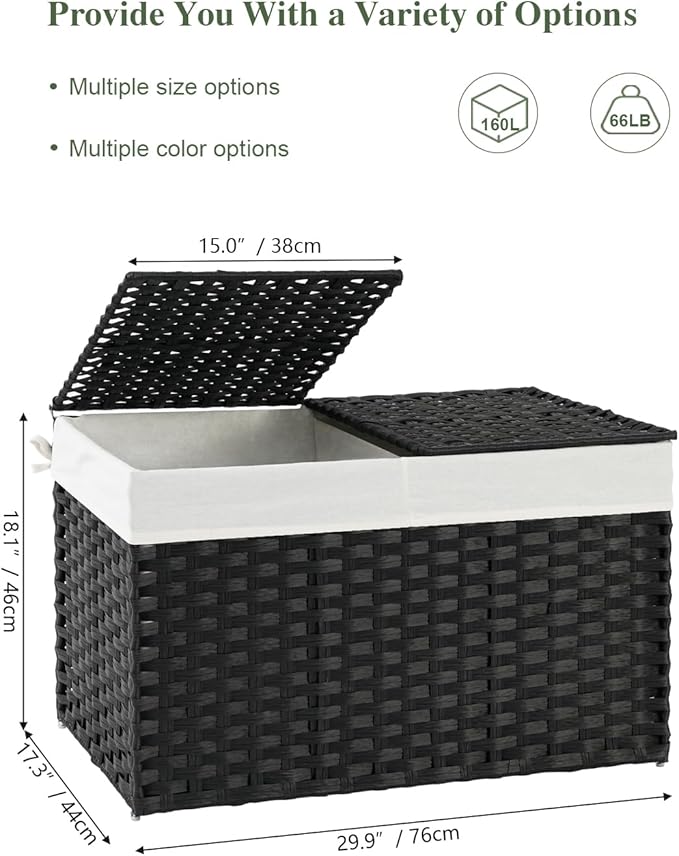 Storage Basket with Lid Wicker Baskets for Storage with 2 Separate Lid 42.3 Gallon (160 L) 29.9 x 17.3 x 18.1 Inches Rattan Woven Large Wicker Basket with 2 Liners for Bedroom Laundry Black