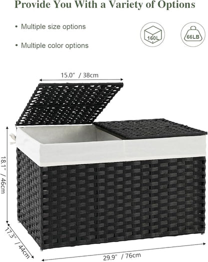 Storage Basket with Lid Wicker Baskets for Storage with 2 Separate Lid 42.3 Gallon (160 L) 29.9 x 17.3 x 18.1 Inches Rattan Woven Large Wicker Basket with 2 Liners for Bedroom Laundry Black