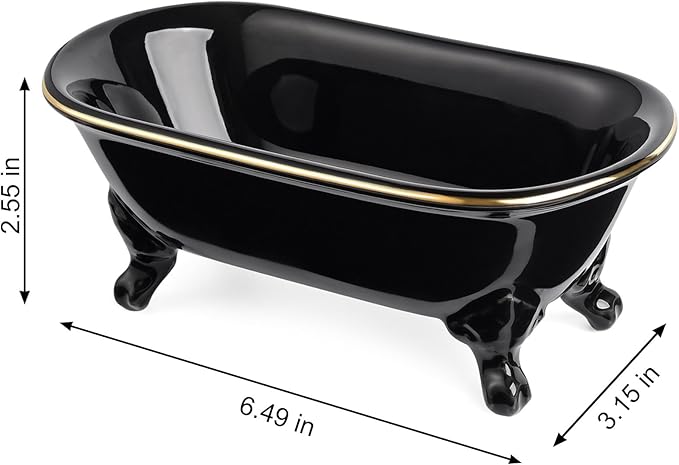 6.5" Ceramic Mini Decorative Clawfoot Bathtub Bar Soap Dish, Kitchen Sponge Holder and Shower Tray for Bathroom, 1 Pack (Black Gold Rim)