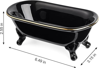 6.5" Ceramic Mini Decorative Clawfoot Bathtub Bar Soap Dish, Kitchen Sponge Holder and Shower Tray for Bathroom, 1 Pack (Black Gold Rim)